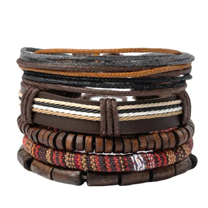 Bracelet Bohème Cuir & Perles Bois Homme – Tressé Main, 26 Coloris