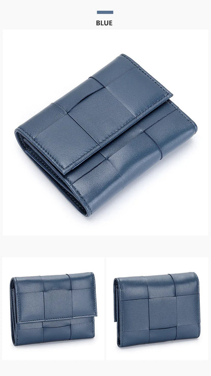 Portefeuille Femme Court Cuir Véritable Peau Mouton Tressé - Porte-Monnaie Trifold Zippé Grande Capacité Noir