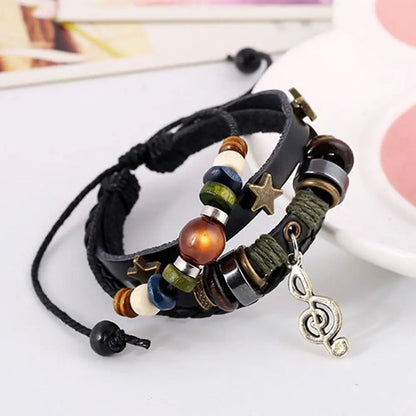 Bracelet Cuir Fait Main Bohème Gypsy - Étoile Métal Perles Bois Ajustable