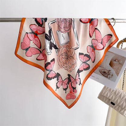 Foulard Carré Soie 70cm Imprimé Rose Femme - Écharpe Printemps Été Headscarf Bandana