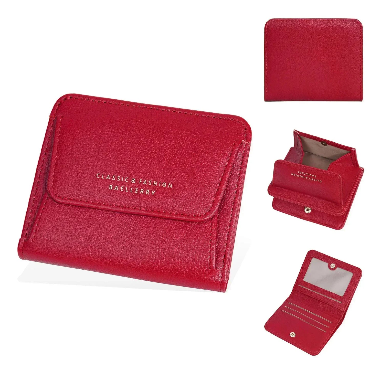 Portefeuille Femme Court Mini Cuir PU Noir - Porte-Carte Porte-Monnaie Multifonction Compact Rouge