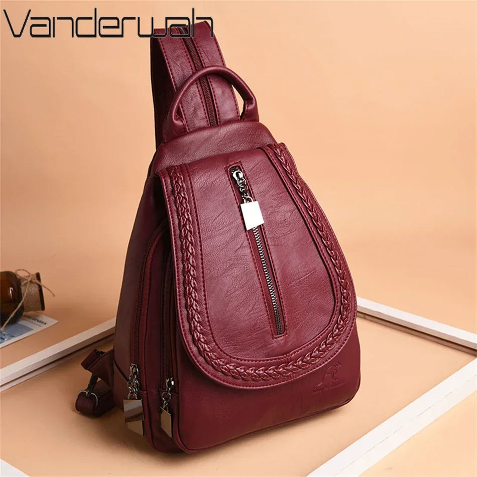 Sac à Dos Femme Cuir Souple Vintage 3-en-1 - Backpack Crossbody Bandoulière Voyage École