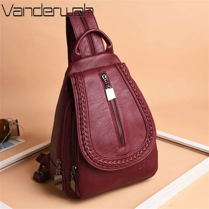 Sac à Dos Femme Cuir Souple Vintage 3-en-1 - Backpack Crossbody Bandoulière Voyage École