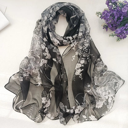 Foulard Écharpe Mousseline Georgette Femme Fleur Prune - Bandana Été Léger Respirant