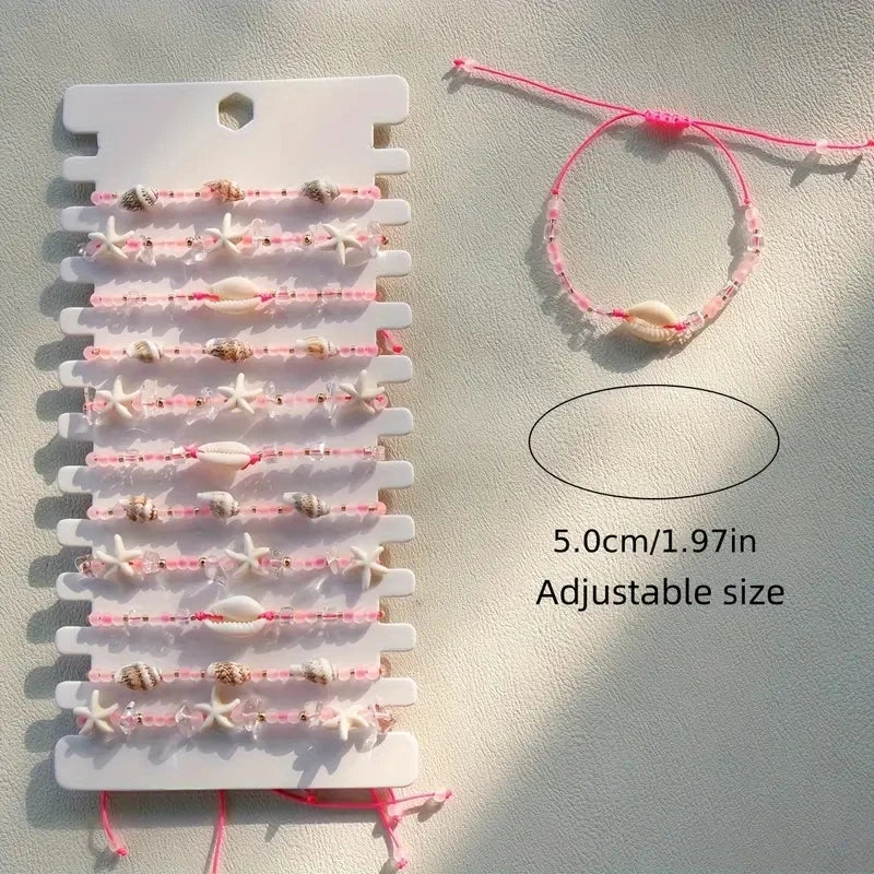 Ensemble 12 Bracelets Tressés Main Roses Coquillages – Ajustables Plage