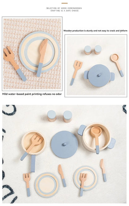 Cuisine Jouet en Bois Bleu - Set Chef Complet Casseroles et Aliments pour Jeu de Rôle 3-6 Ans