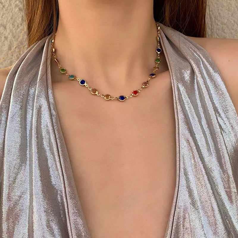 Collier Longue Chaîne Perles Pierres Colorées Cristaux – Maxi Vintage Équilibrant Femme