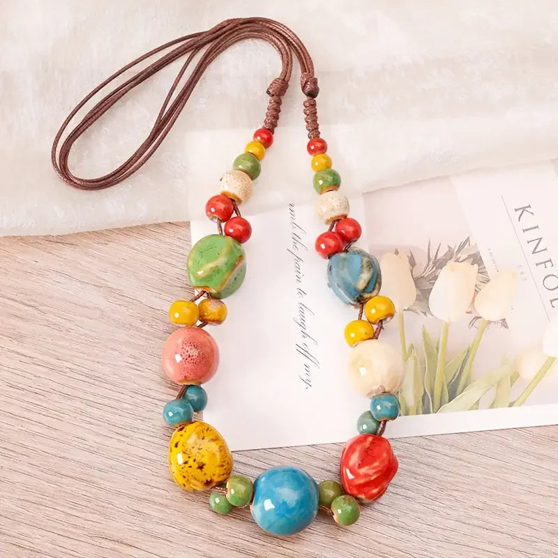 Collier Perles Céramique Tressé Main Bohème – Ajustable Ethnique Rétro Femme