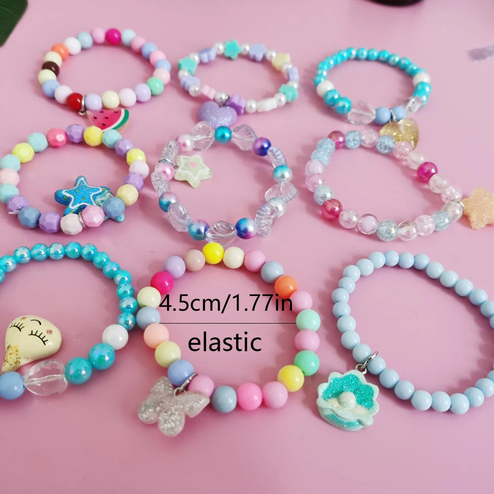Ensemble 5 Bracelets Perles Licorne Cartoon Cœur Étoile – Élastique Candy Coloré Filles