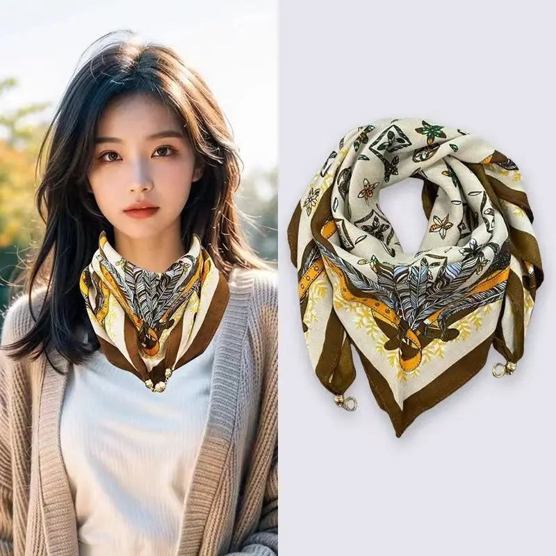 Luxury Square Scarf with Magnetic Buckle for Women - Silk Triangle Cross Scarf