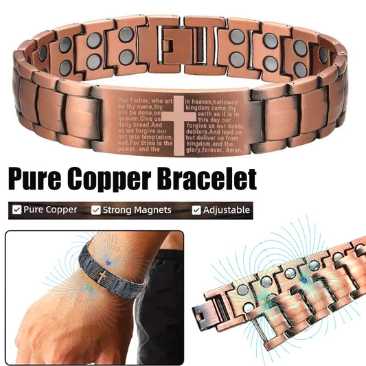 Bracelet Magnétique Cuivre Homme – Double Rangée d’Aimants & Motif Croix