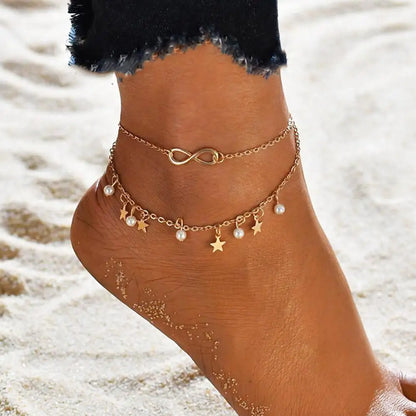 Chaîne de Cheville Bohème Perles Étoiles Pompons – Bracelet Pied Vintage Femme