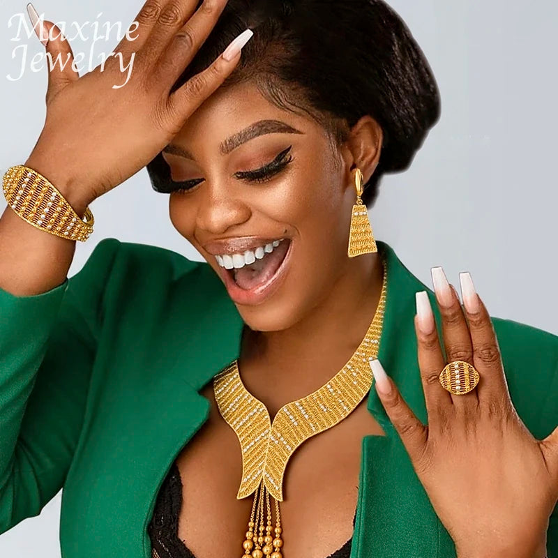 Ensemble Bijoux Dubai Bohème Plaqué Or 18K Luxe – Collier Boucles Bracelet Bague Mariée Femme