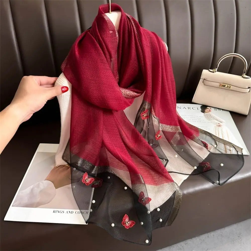 Foulard Soie Broderie Papillon Femme - Écharpe Châle Hijab Luxe Léger Élégant