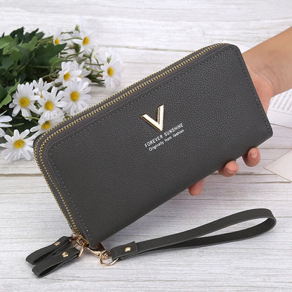 Portefeuille Femme Long Cuir PU Double Fermeture Éclair - Porte-Monnaie Téléphone Rouge