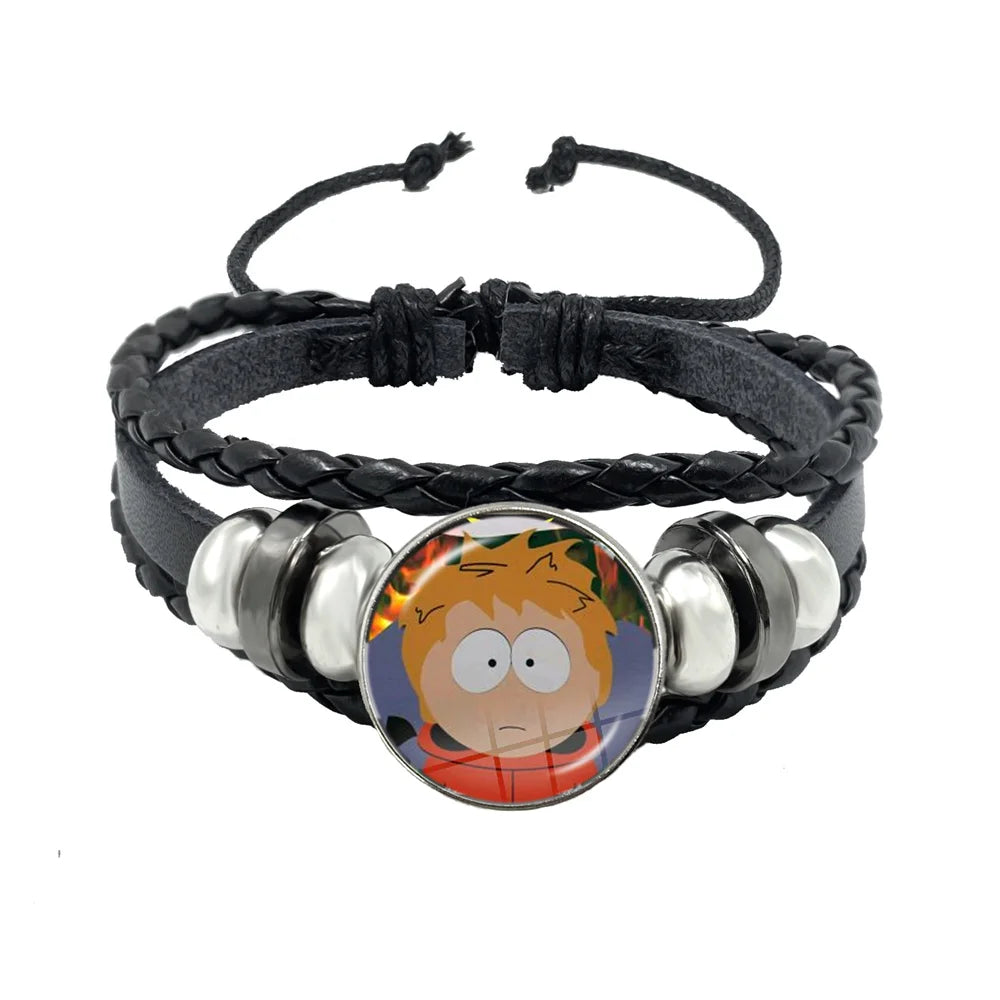 Bracelet South Park Cabochon Verre – Cuir Multicouche Tressé Fait Main Unisexe