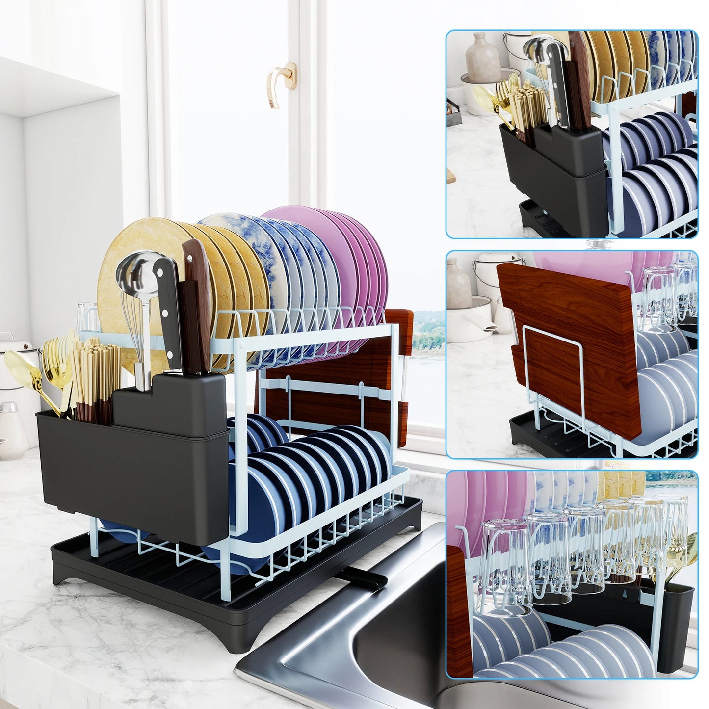 Égouttoir à Vaisselle 2 Étages - Organisateur de Cuisine Pliable