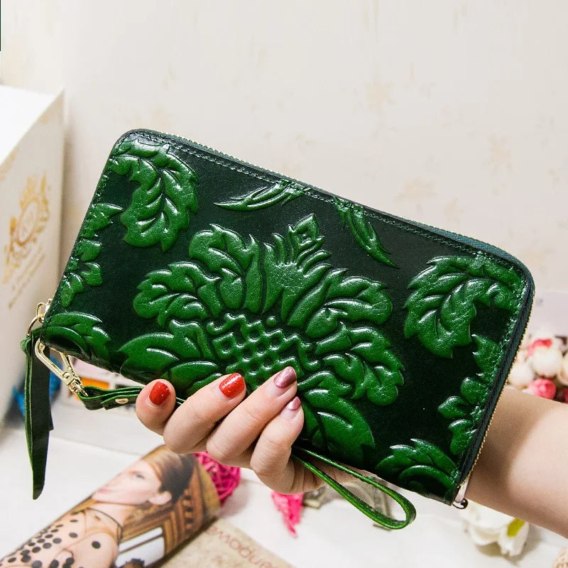 Portefeuille Femme Cuir Véritable Vintage Floral - Grande Capacité Clutch Pochette en Cuir de Vache