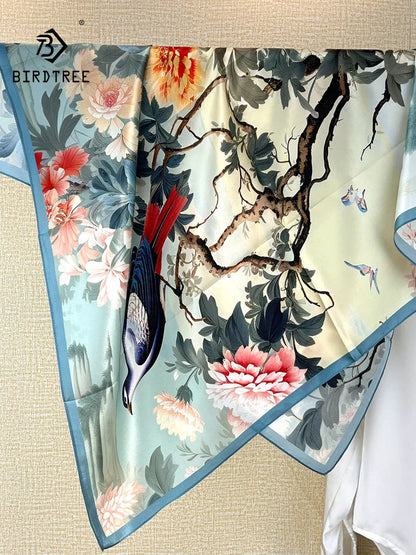Foulard Carré Soie 88cm Imprimé Chinois - Écharpe Élégante Femme