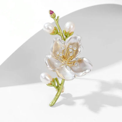 Broche Fleur Jasmin Verte Élégante Émail Perle – Pin's Doux Mode Mariage Soirées Unisexe