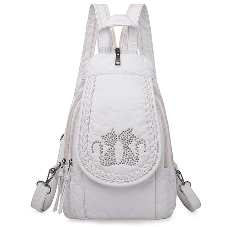 Sac à Dos Femme Cuir 3-en-1 Fleurs Noir - Backpack Voyage Ados Polyvalent