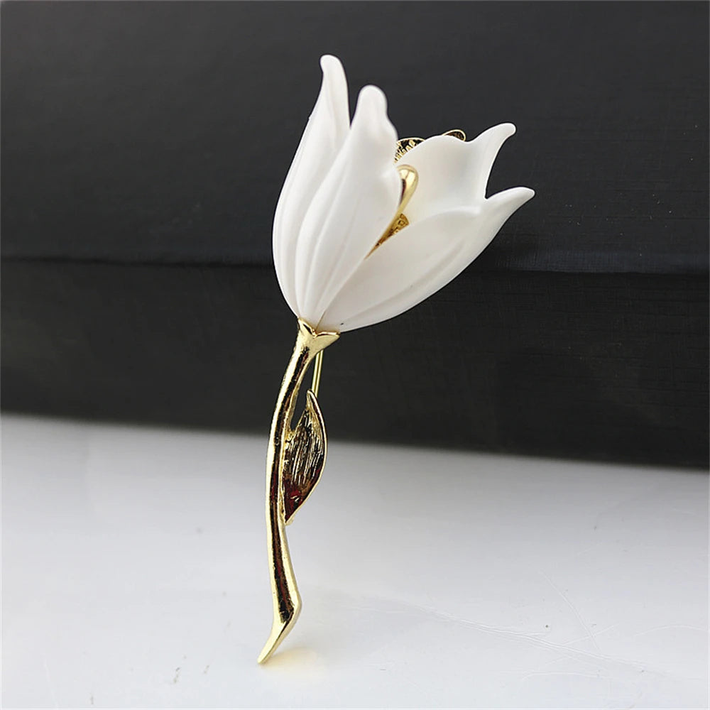 Broche Fleur Tulipe Émaillée Rose Blanc Luxueuse – Pin's Élégant Romantique Femme