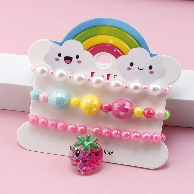Ensemble 3 Bracelets Perles Cartoon Mignons Enfants – Princesse Licorne Fruits Chat Filles