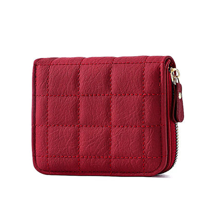 Portefeuille Femme Court Cuir PU Carreaux Zippé - Porte-Carte Monnaie Compact Fashion Noir