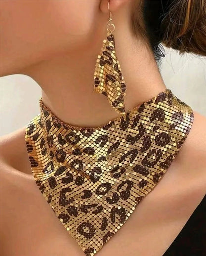 Ensemble Bijoux Imprimé Léopard – Collier Bavette Boucles Pendantes Sexy