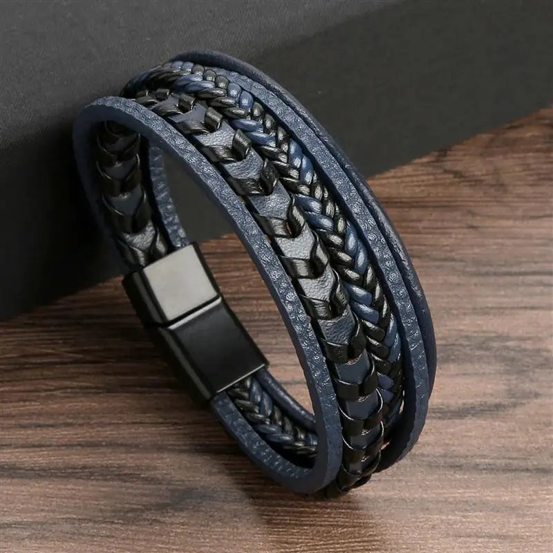 Bracelet en Cuir Tissé Main Multi-Couches pour Homme - Combinaison Classique Punk