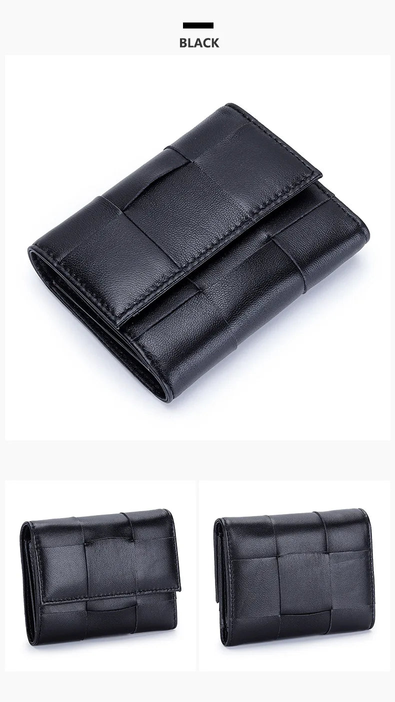 Portefeuille Femme Court Cuir Véritable Peau Mouton Tressé - Porte-Monnaie Trifold Zippé Grande Capacité Noir