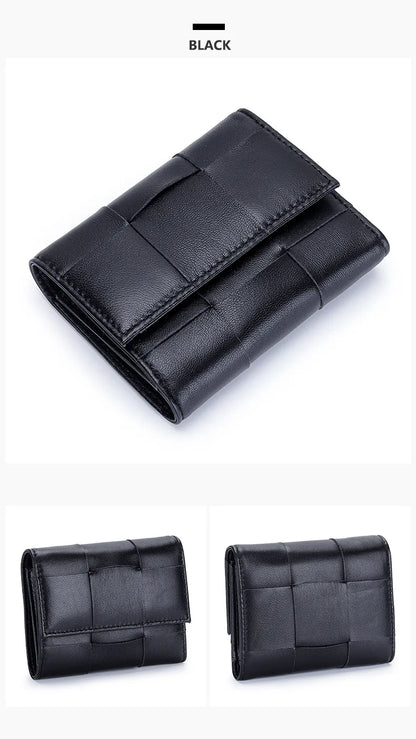 Portefeuille Femme Court Cuir Véritable Peau Mouton Tressé - Porte-Monnaie Trifold Zippé Grande Capacité Noir
