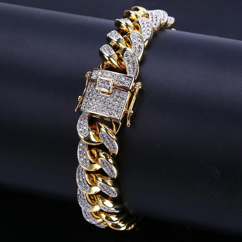 Bracelet Cubain Iced Out Acier Inoxydable – Chaîne Hip-Hop Cristaux Hommes