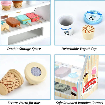 Comptoir de Crème Glacée en Bois - Jouet Montessori 40+ Pièces avec Monnaie pour Enfants 3-6 Ans