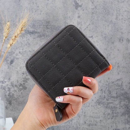 Portefeuille Court Femme Cuir PU à Carreaux - Petit Porte-Cartes Zip avec Porte-Monnaie