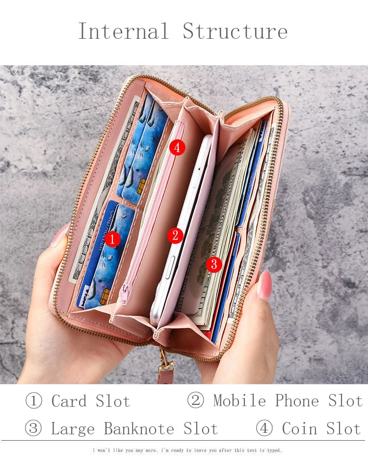 Portefeuille Femme Cuir Long Zippé - Grande Capacité Multifonction avec Compartiment Téléphone
