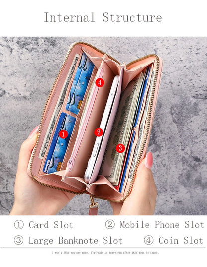 Portefeuille Femme Cuir Long Zippé - Grande Capacité Multifonction avec Compartiment Téléphone