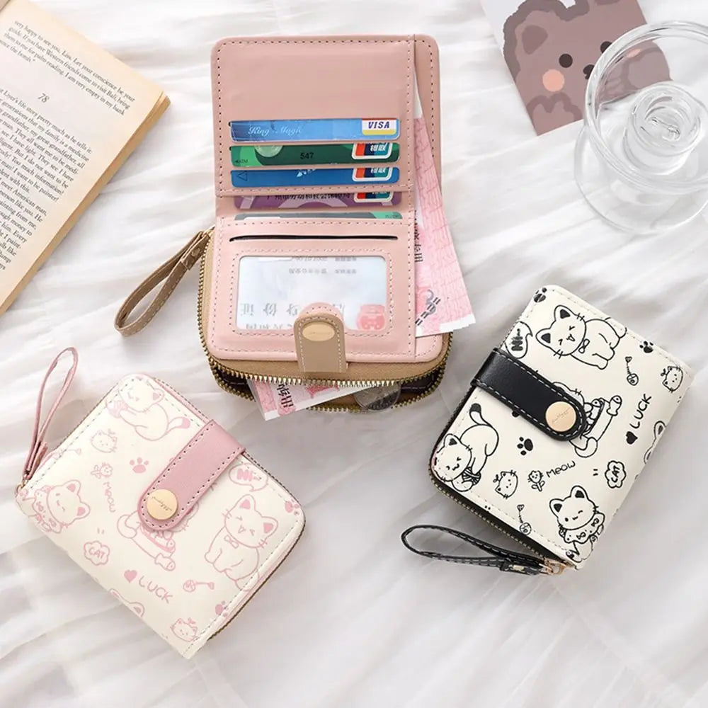 Portefeuille Femme Chat Mignon Cuir PU - Porte-Monnaie Court Grande Capacité Voyage