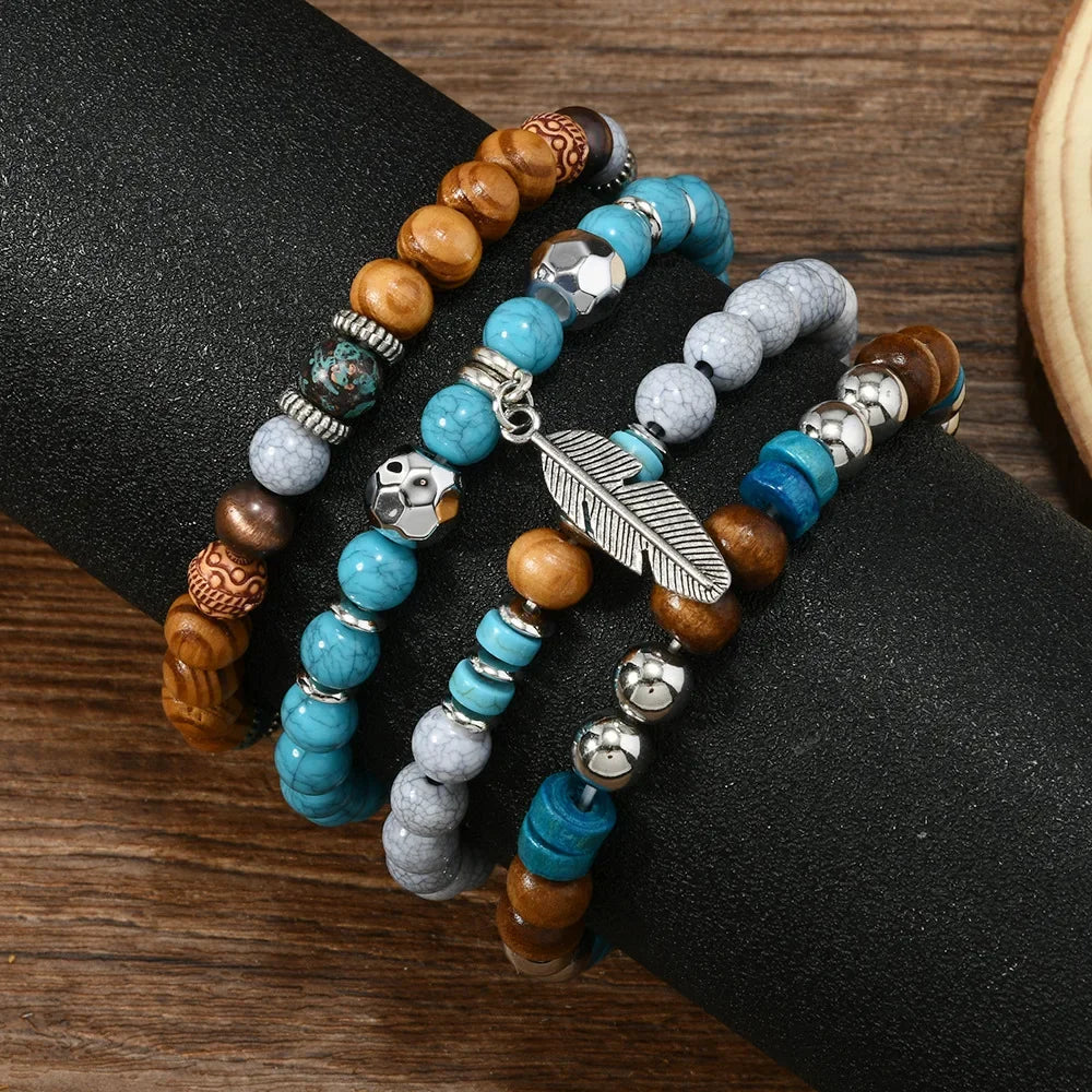 Bracelet Homme Multi-Rangs Turquoise et Feuilles - Pierres Naturelles Vintage
