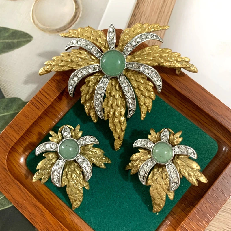Parure Plume Luxe Vintage - Broche et Boucles Design Raffiné Plaqué Platine