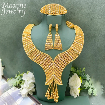 Ensemble Bijoux Dubai Bohème Plaqué Or 18K Luxe – Collier Boucles Bracelet Bague Mariée Femme