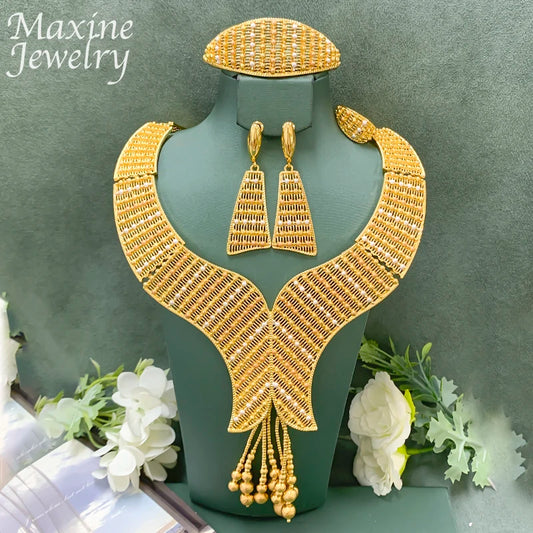 Luxury 18K Gold Plated Dubai Bohemian Jewelry Set – Necklace, Earrings, Bracelet, Bridal Ring