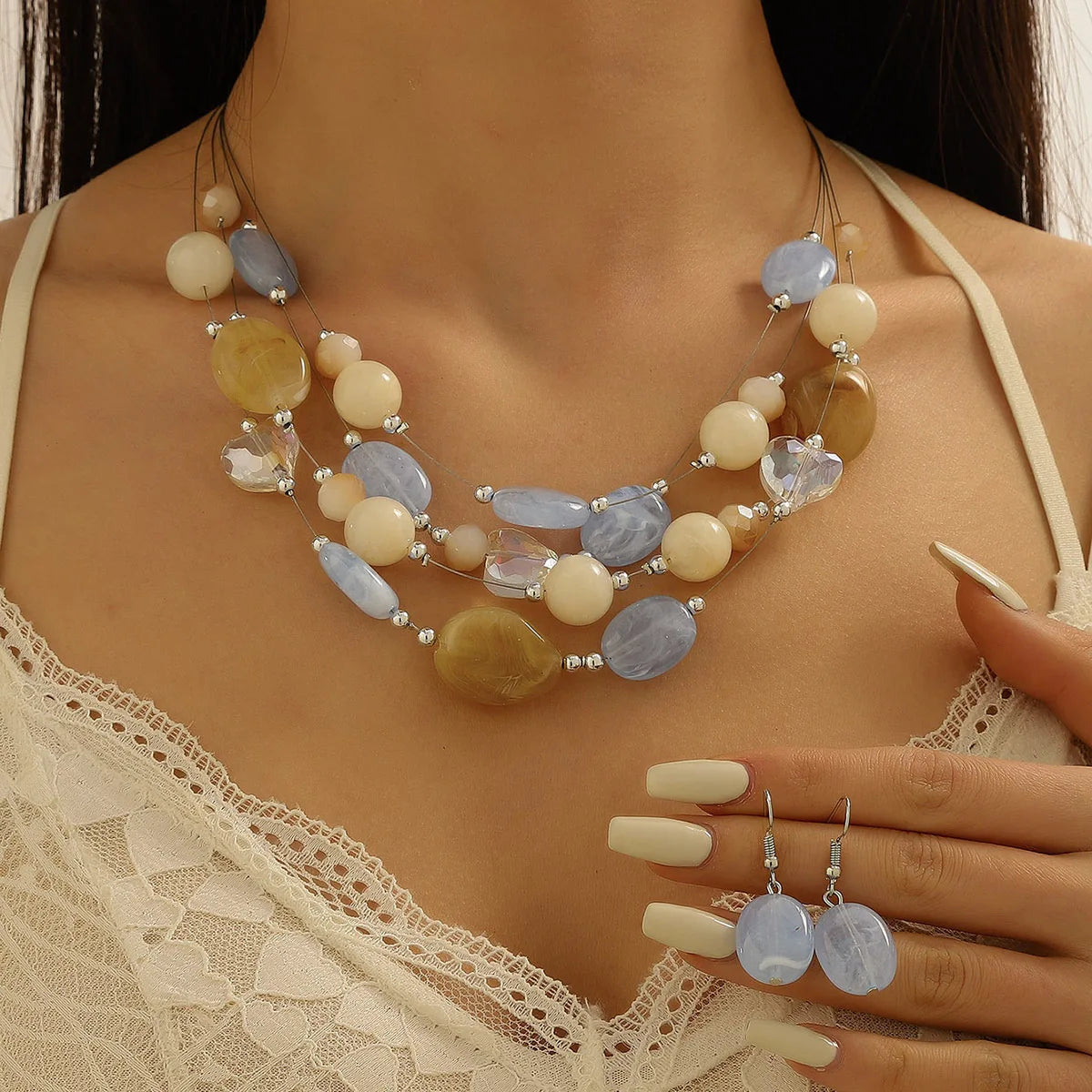 Parure Mariée Cristaux Roses et Perles Corail - Collier Goutte et Boucles