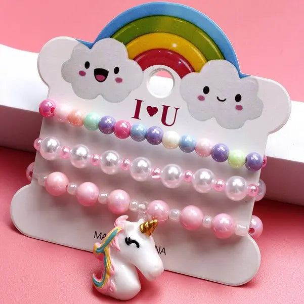 Ensemble 3 Bracelets Perles Cartoon Mignons Enfants – Princesse Licorne Fruits Chat Filles