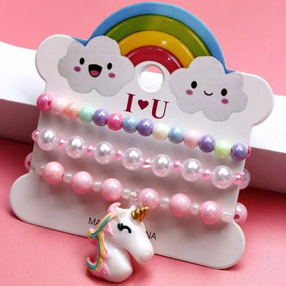 Ensemble 3 Bracelets Perles Cartoon Mignons Enfants – Princesse Licorne Fruits Chat Filles