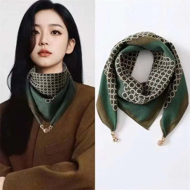 Luxury Square Scarf with Magnetic Buckle for Women - Silk Triangle Cross Scarf