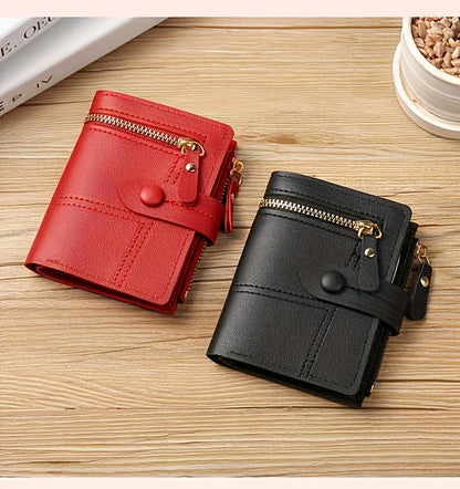 Portefeuille Femme Rouge Pliable avec Zip - Porte-Cartes Boucle et Fenêtre ID