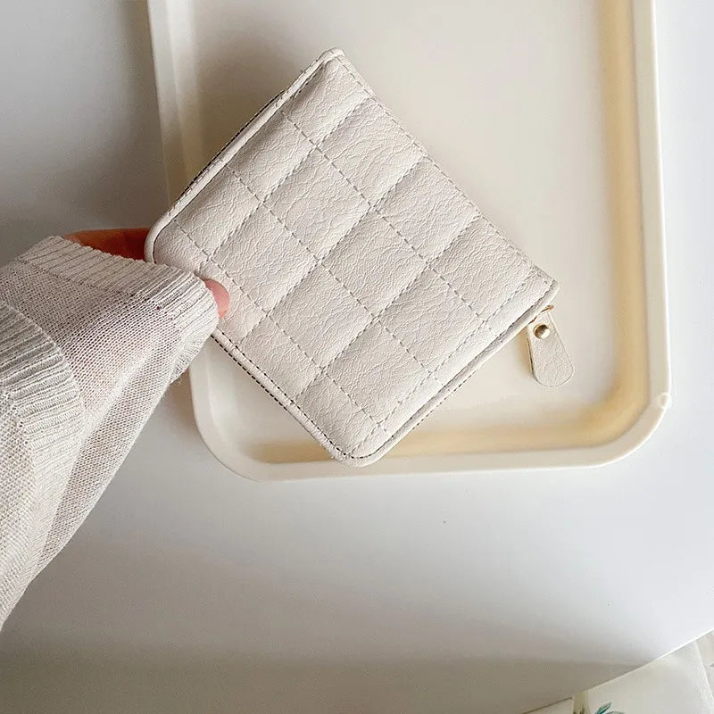 Portefeuille Court Femme Cuir PU à Carreaux - Petit Porte-Cartes avec Zip et Porte-Monnaie