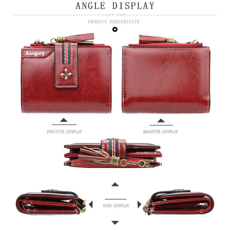 Portefeuille Femme Cuir Ciré Glands - Porte-Monnaie Tri-Fold Multi-Fentes Fermeture Éclair