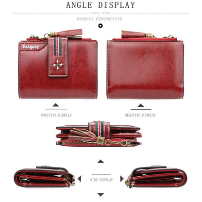 Portefeuille Femme Cuir Ciré Glands - Porte-Monnaie Tri-Fold Multi-Fentes Fermeture Éclair